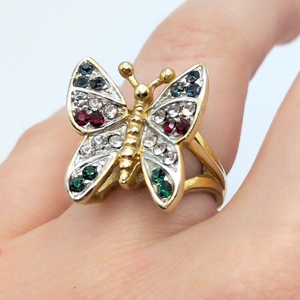 Vintage 3D Butterfly Ring 18 Karat Gold Electroplated w/ Rhinestones Size 6.25